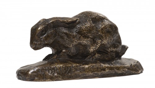 BARYE Antoine-Louis (1795-1875) - Rabbit lying ears with naturalist base