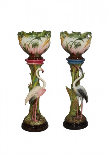 J. MASSIER (1820-1909) Pair Heron &amp; Flamingo Planters, Vallauris Barbotine