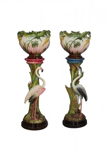 J. MASSIER (1820-1909) Pair Heron & Flamingo Planters, Vallauris Barbotine