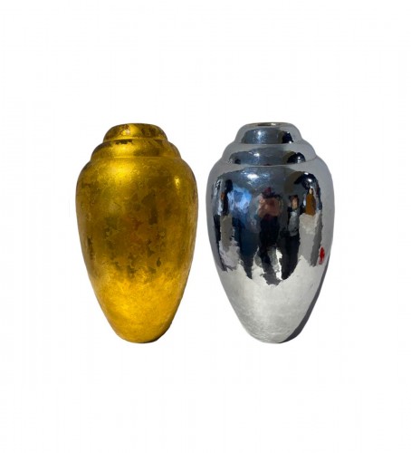 Christofle, Set Of 2 Art Deco Ovoid Vases In Dinanderie