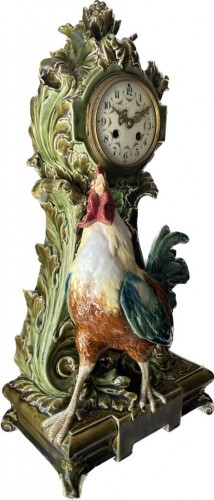 Choisy Le Roy, Singing Rooster Clock After Carrier Belleuse, Barbotine - Porcelain & Faience Style Art nouveau