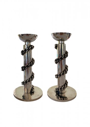 Jean Després (1889-1980) - Pair of silver-plated candle holders