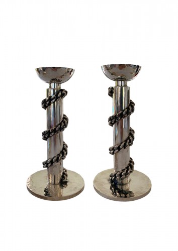 Jean Després (1889-1980) - Pair of silver-plated candle holders Art Deco