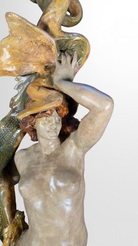 Porcelain & Faience  - Georges RECIPON &amp; Emile MULLER - Very big Art Nouveau Ceramic Mermaid