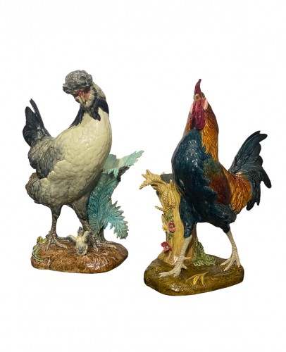 Paul Comoléra, Rooster And Hen Couple Ceramic Barbotine