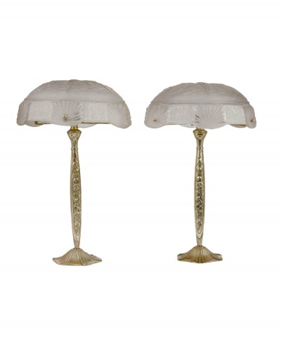 Muller Lunéville, Pair Of Silvered Bronze Pressed Glass Lamps