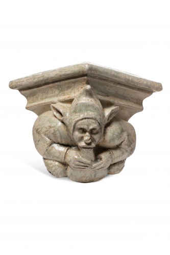 Céramiques, Porcelaines  - Alfred Renoleau, Paire de modillons aux grotesques musiciens Barbotine