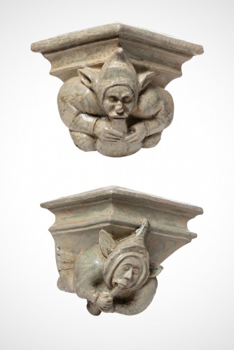 XIXe siècle - Alfred Renoleau, Paire de modillons aux grotesques musiciens Barbotine