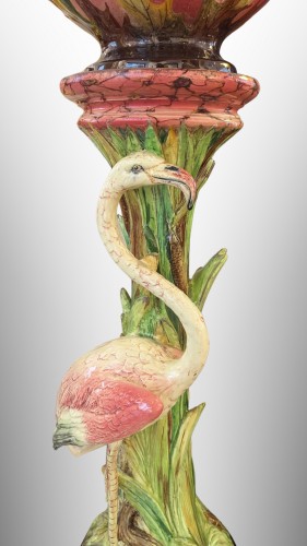Delphin Massier (1836 - 1907), complet aux flamand rose et chardons en barbotine Art nouveau - Céramiques, Porcelaines Style 