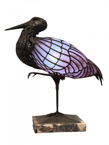 Muller Lunéville & Chapelle Nancy - Lampe Cigogne, en fer forgé et verre soufflé 