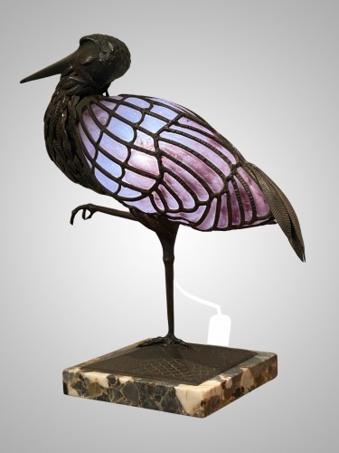 Muller Lunéville & Chapelle Nancy - Lampe Cigogne, en fer forgé et verre soufflé  - Luminaires Style Art Déco