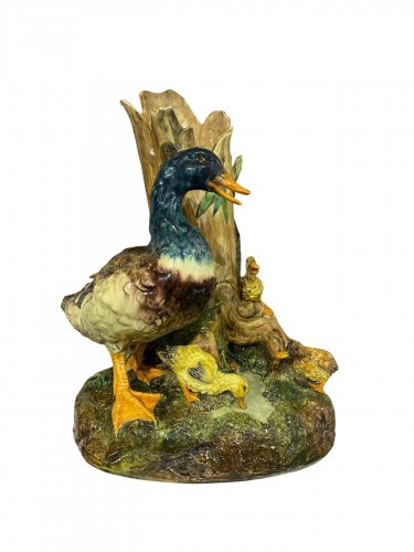 Delphin Massier, Canard et ses canetons, Barbotine Céramique polychrome