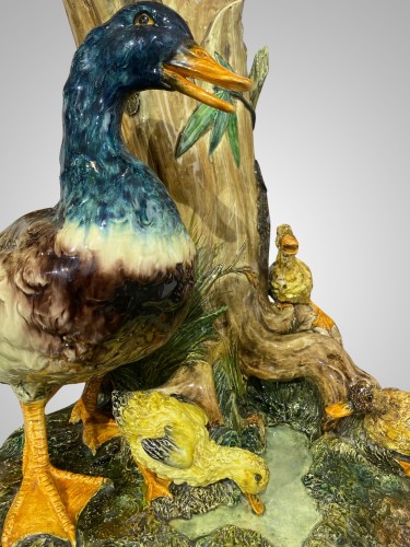 Delphin Massier, Canard et ses canetons, Barbotine Céramique polychrome - Céramiques, Porcelaines Style 