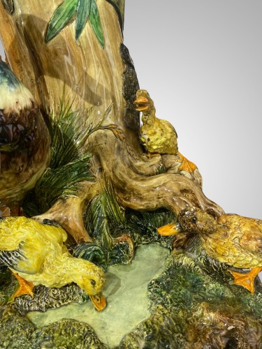 Céramiques, Porcelaines  - Delphin Massier, Canard et ses canetons, Barbotine Céramique polychrome