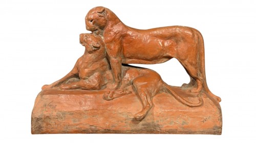Maximilien Louis Fiot (1886-1953), Les Lionnes, terre cuite patinée