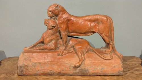 Maximilien Louis Fiot (1886-1953), The Lionesses, Patinated Terracotta - Sculpture Style Art Déco