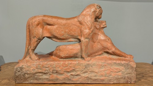 Sculpture  - Maximilien Louis Fiot (1886-1953), The Lionesses, Patinated Terracotta