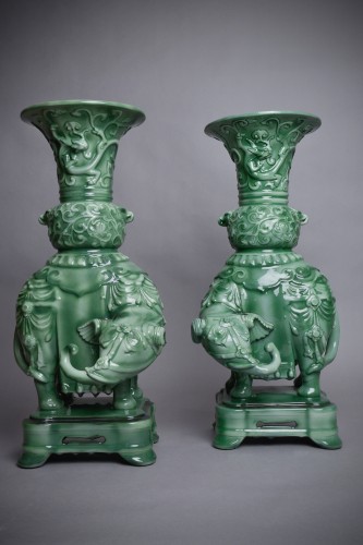 Théodore Deck (1823-1891) - Pair of elephant vases - Art Nouveau ceramic - Porcelain & Faience Style Art Déco