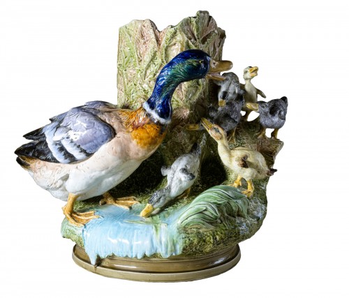 Carrier Belleuse - Barbotine ceramic sculpture with duck and ducklings