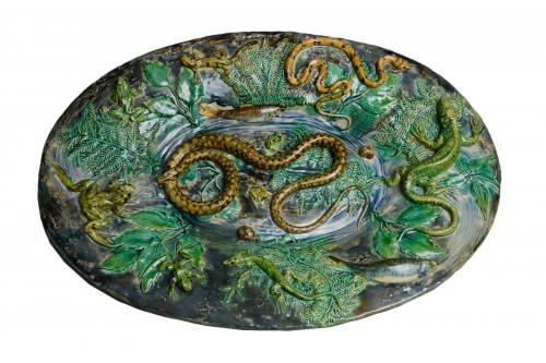 Alfred Renoleau - Snake and salamanders ceramic dish, Barbotine Palissyste