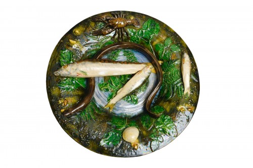 Alfred Renoleau  - Barbotine Round enameled ceramic dish with eel Palissyst