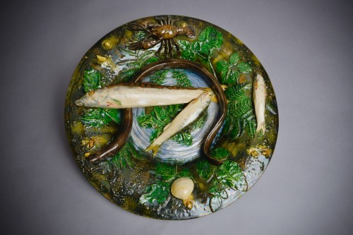 Alfred Renoleau  - Majolica Round enameled ceramic dish with eel - Porcelain & Faience Style Art Déco