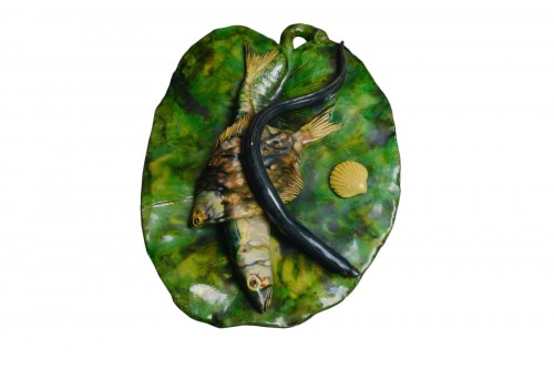 Alfred Renoleau, Majolica Mackerel leaf enameled ceramic