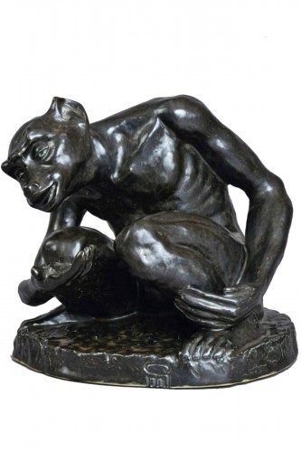  Begging monkey sculpture with dark brown and gray slip
