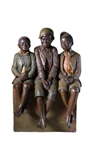 Goldscheider Children at the photographer, Orientalist terracotta sculpture