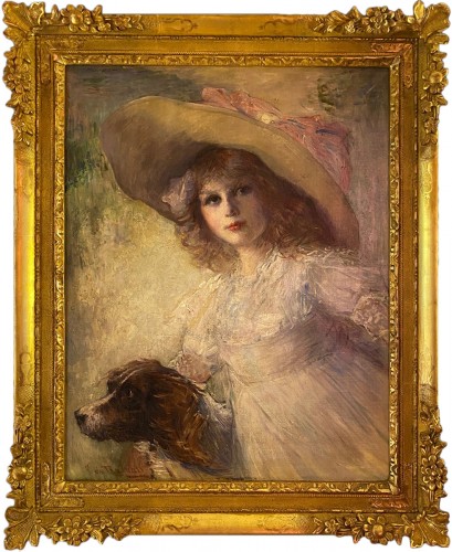 Floppy hat young girl with her dog 