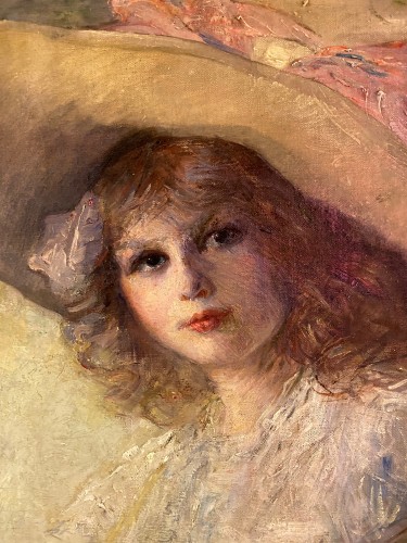 Tableaux et dessins Tableaux XIXe siècle - Jeune fille à la capeline et son chien tableau Huile sur toile