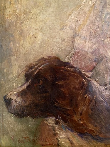 Jeune fille à la capeline et son chien tableau Huile sur toile - Galerie Origines