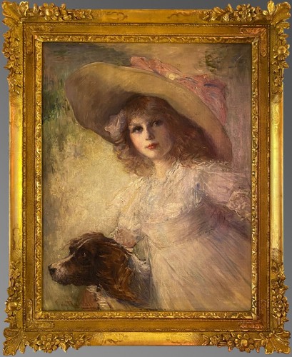 XIXe siècle - Jeune fille à la capeline et son chien tableau Huile sur toile