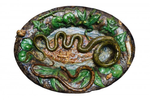 F. Goras & A. Renoleau, Majolica Oval aquatic dish, Palissyste ceramic