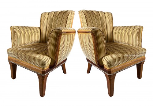 Paul Follot, Pair Of Macassar Veneer Armchair, Ivory Frieze. Ca 1925