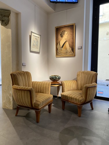 20th century - Paul Follot, Pair Of Macassar Veneer Armchair, Ivory Frieze. Ca 1925