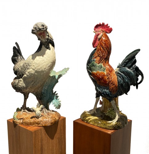 Paul Comoléra, Cock and hen in barbotine.