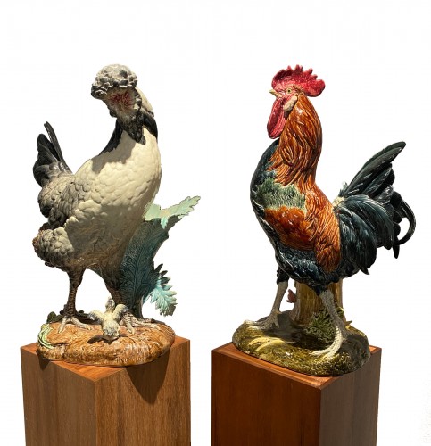 Paul Comoléra (1813-1890)  - Rooster and hen in barbotine ceramic