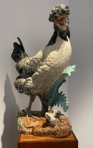 Art nouveau - Paul Comoléra (1813-1890)  - Rooster and hen in barbotine ceramic