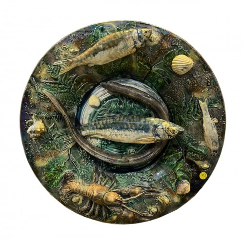 Alfred Renoleau - Large round dish with crayfish at the bottom - Majolica