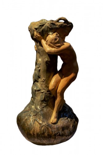 Ernest Bussière, Vase à long col céramique art nouveau- édition Mougin