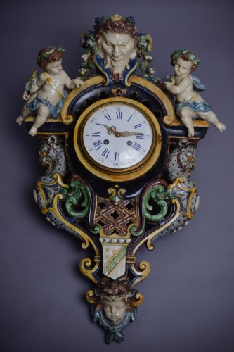 T V Sergent (1830 - 1890) - Pendule chérubins & satyre en barbotine - Céramiques, Porcelaines Style Art nouveau
