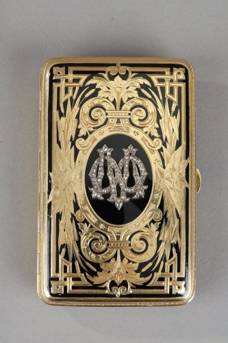XIXe siècle - Etui à cigarettes ou à carte en or email et diamant rose