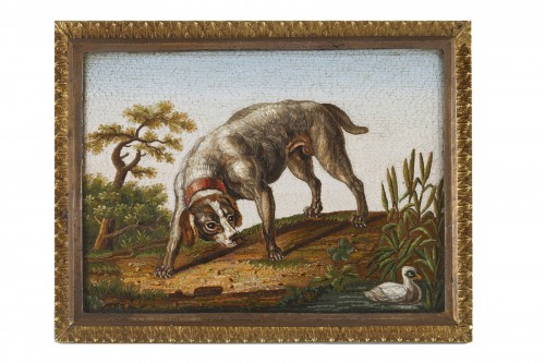 Micro-mosaïque du XIXe siècle  "Chien chassant un canard" d'après GIOACCHINO BARBERI