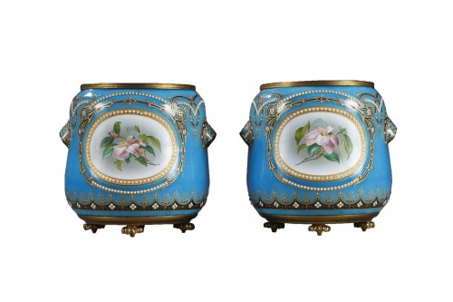 Pair of blue Bresse enamel jardiniere