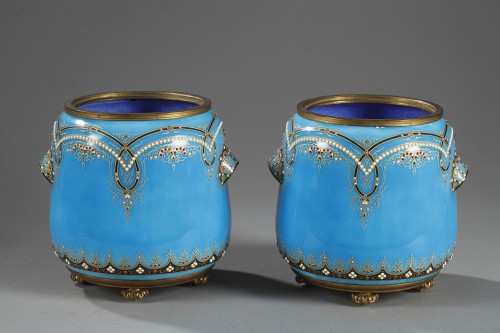 Napoléon III - Pair of blue Bresse enamel jardiniere