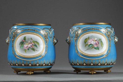 Antiquités - Pair of blue Bresse enamel jardiniere