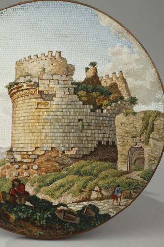 XIXe siècle - Grande Micro-mosaïque, Tombe de Cecilia Metella sur la via Appia - Rome 1800