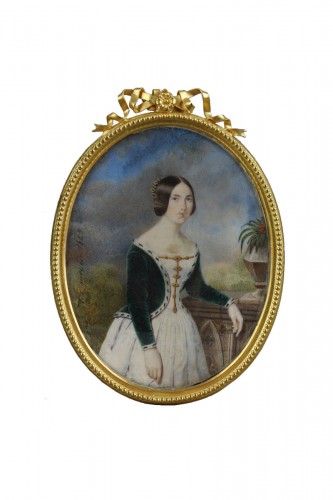 Portrait de femme en pie, miniature sur ivoire.Signée A.Jourdin et datée de 1845