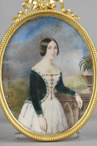 Portrait de femme en pie, miniature sur ivoire.Signée A.Jourdin et datée de 1845 - Objets de Vitrine Style Louis-Philippe